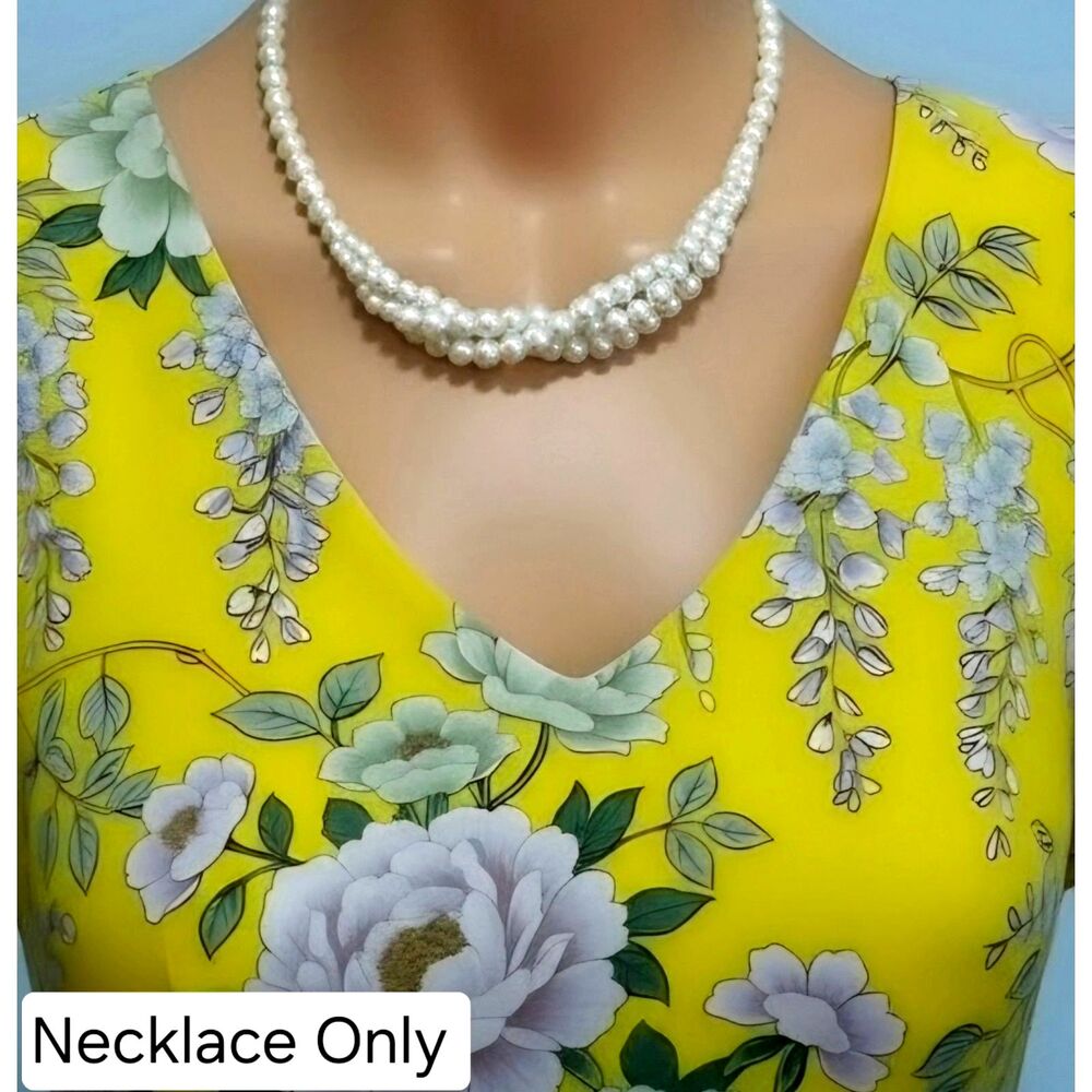 Vintage White Faux Pearl Faux Multi Strand Woven Bib Statement Necklace 20"